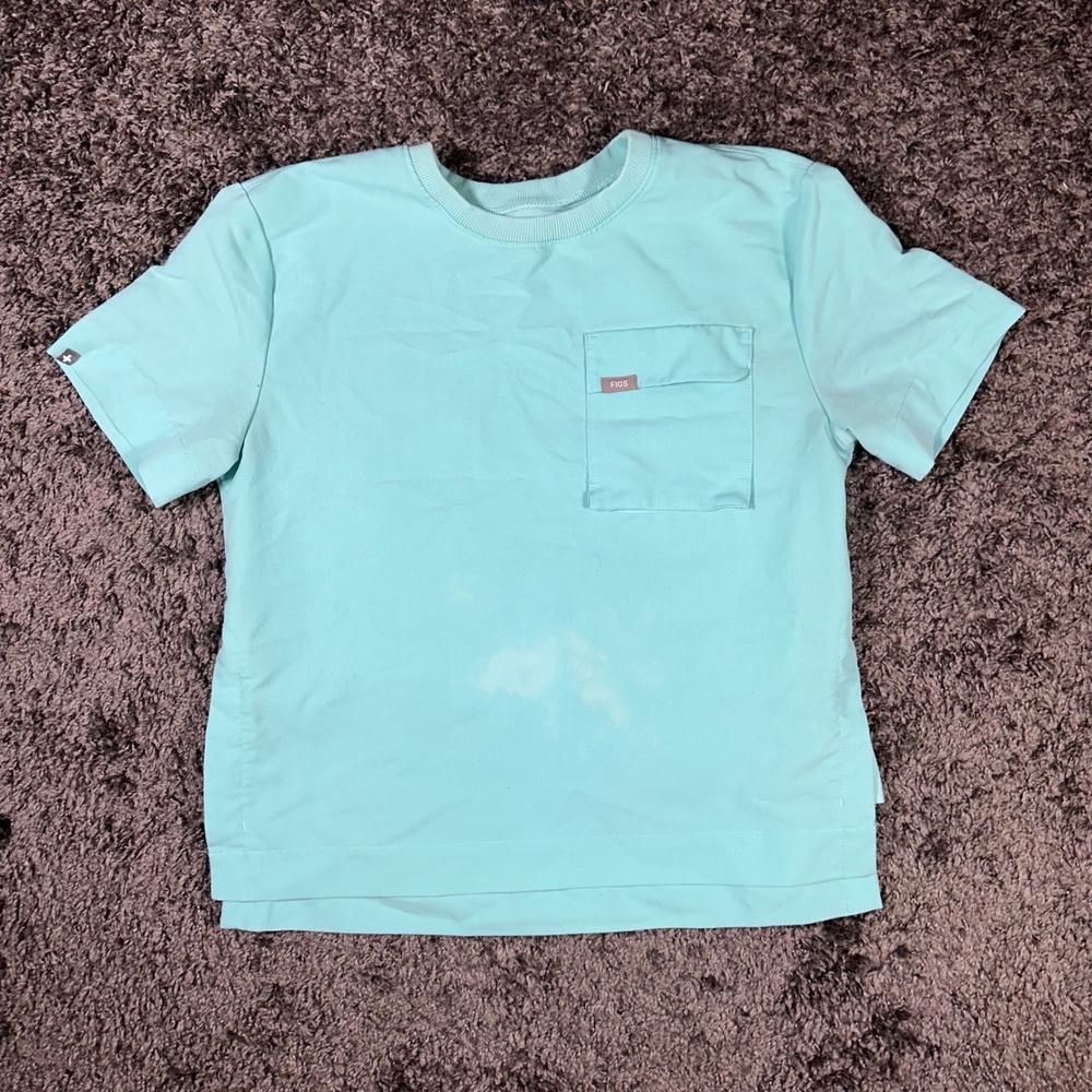 FIGS Technical Collection Scrub Top Pocket Short Sleeve Aqua Blue XS